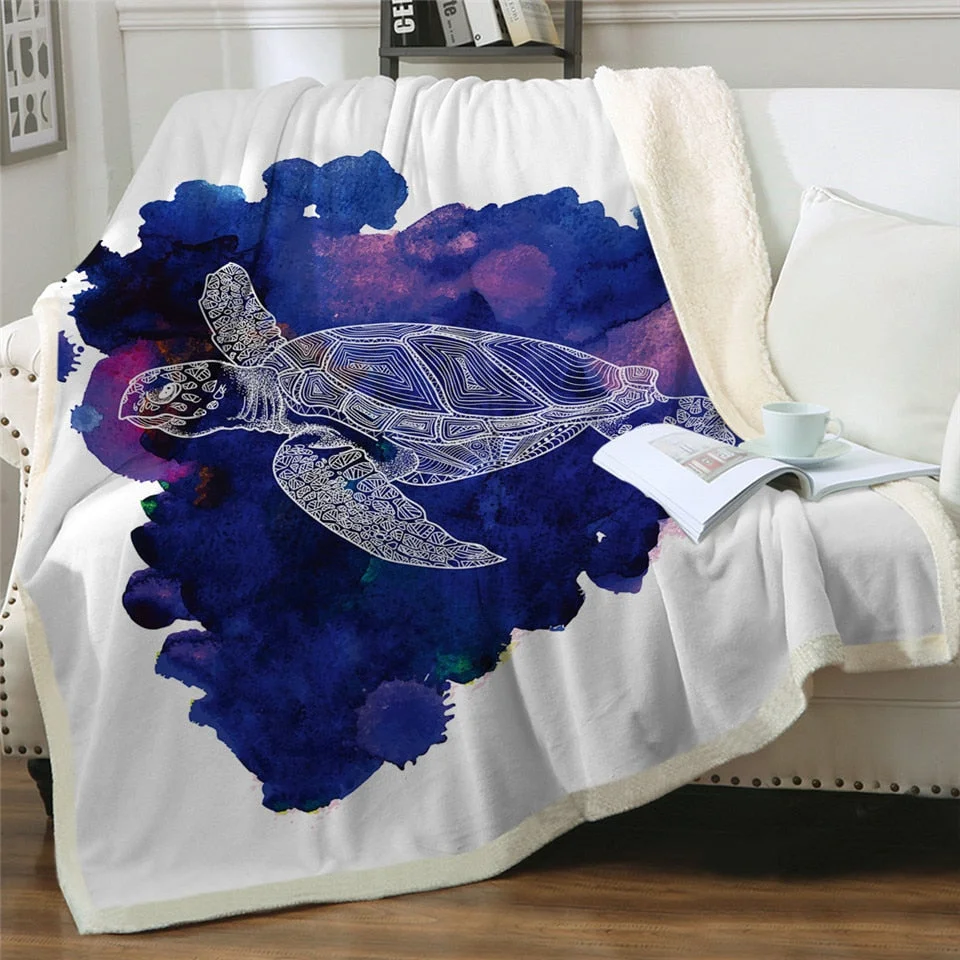Plaid Tortue Violet sur canapé